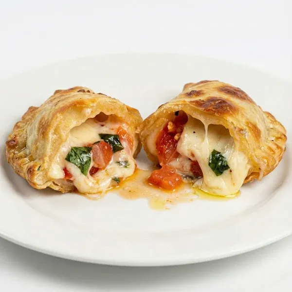Empanada caprese abierta con tomate, muzzarella y albahaca