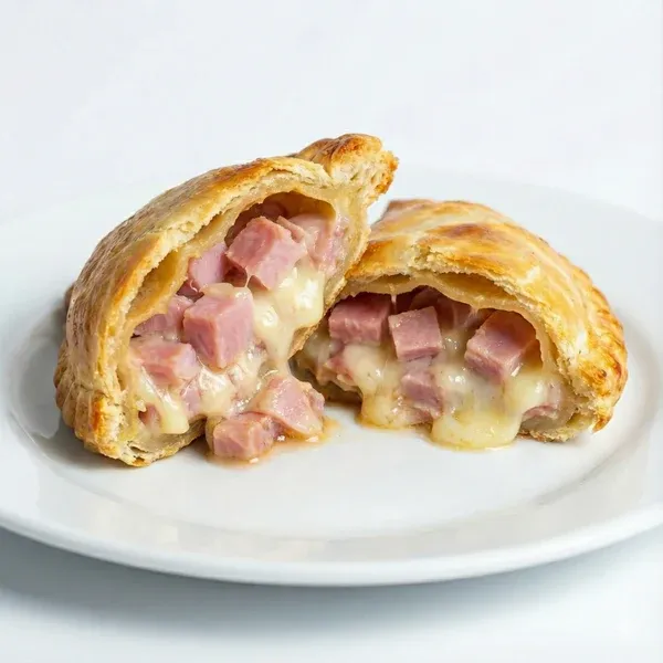 Empanada de jamón y queso abierta, con queso fundido
